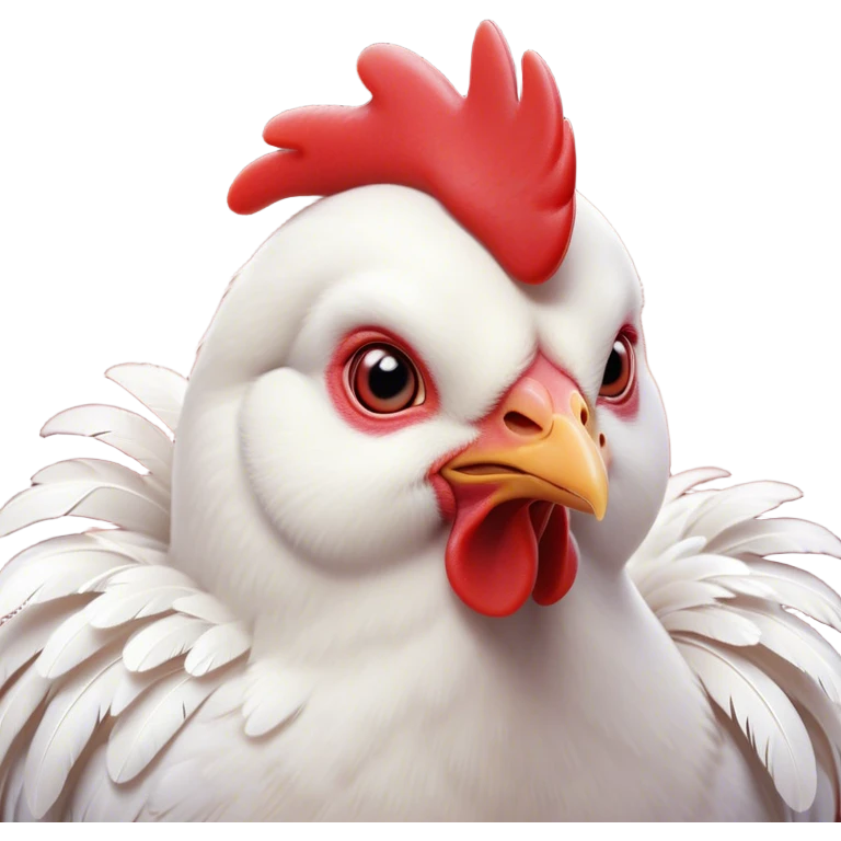 Cinematic Cute White Chicken Portrait Emoji, Head tilted playfully and inquisitively, featuring smooth, immaculate white feathers and a delicate red comb, round, sparkling beady eyes filled with curiosity, Simplified yet irresistibly adorable features, highly detailed, glowing with a warm, friendly glow, high shine, affectionate and lively, stylized with a touch of farmyard whimsy, bright and endearing, soft glowing outline, capturing the essence of a mischievous yet loving chicken, so playful it feels like it could peck out of the screen and into your arms! emoji