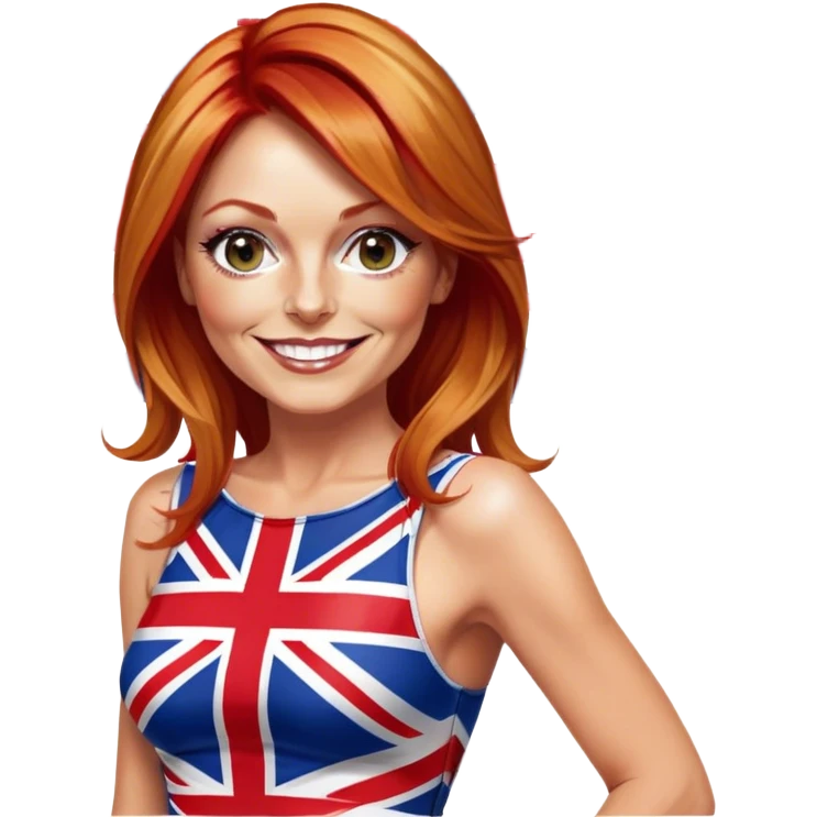 Geri Halliwell smiling with red hair and blonde highlights wearing a short bodycon Union Jack flag dress emoji