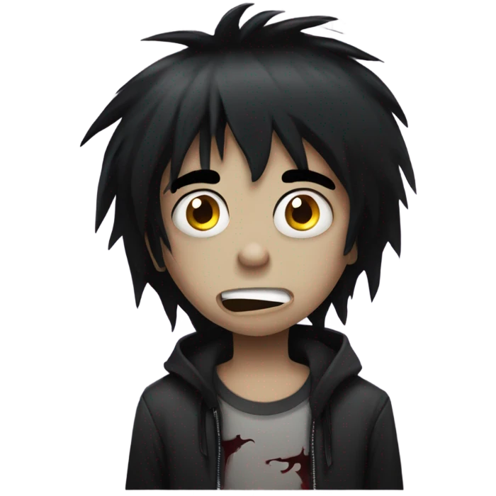 Boy, black hair, medium long, emo, shaggy, zombie, dark, spooky, creepy expression emoji