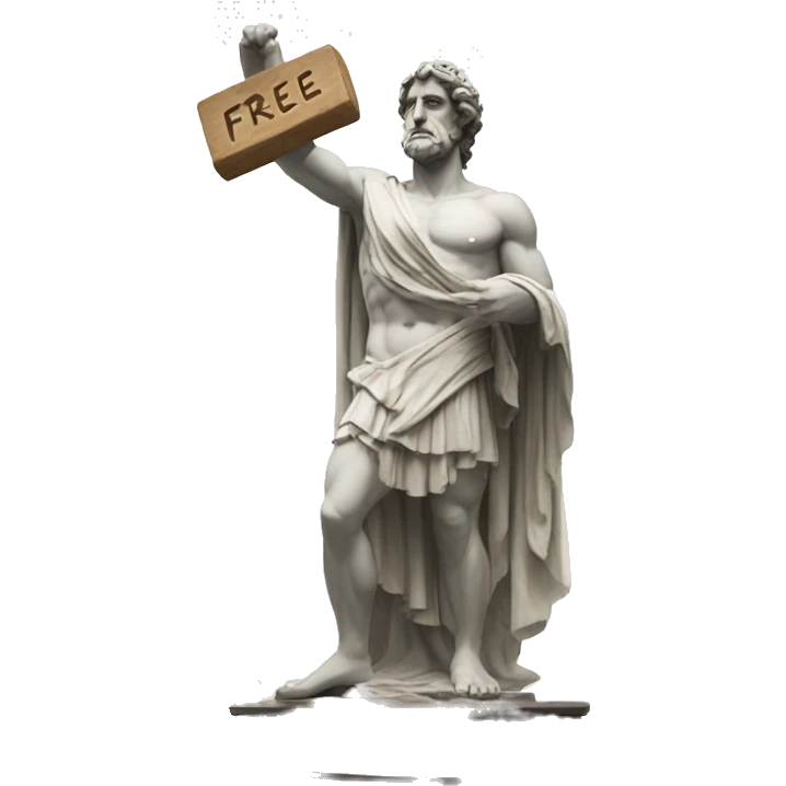 Greek god statue holding a board saying free emoji
