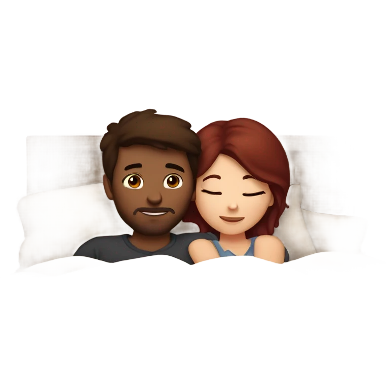 Burgundy haired girl and brunette boyfriend cuddling in bed emoji