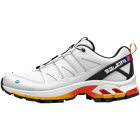 Clean white Salomon XT-6 sneakers with prominent colored Salomon logo stripe in the middle, one behind the other, iOS emoji style, white design with only the middle brand stripe in color emoji
