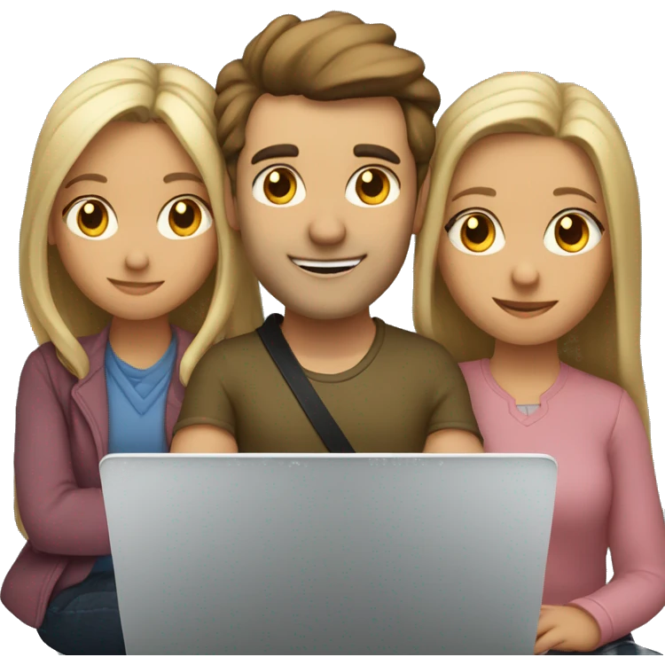 2 girl and 3 man each of them holding laptop and sit together  emoji