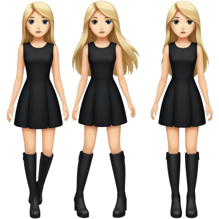 Straight handsome high girl with long hairs and black dress, black boots on heels emoji