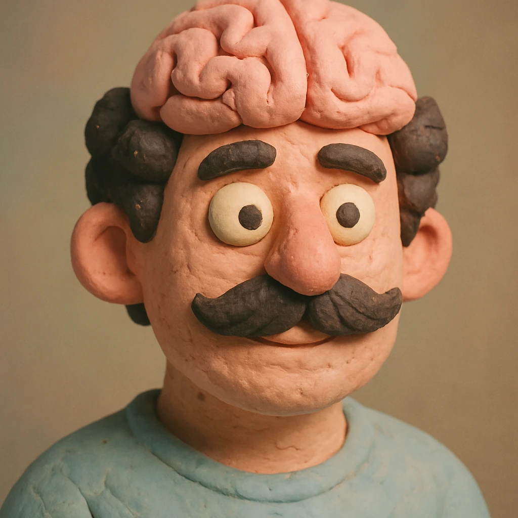 Enhance the claymation man wearing a brain by adding more depth and dimension to the image. Make him more attractive, inspired by the first version, with dark curly hair, thick mustache, light skin, claymation style, visible fingerprints, and pastel colors. emoji