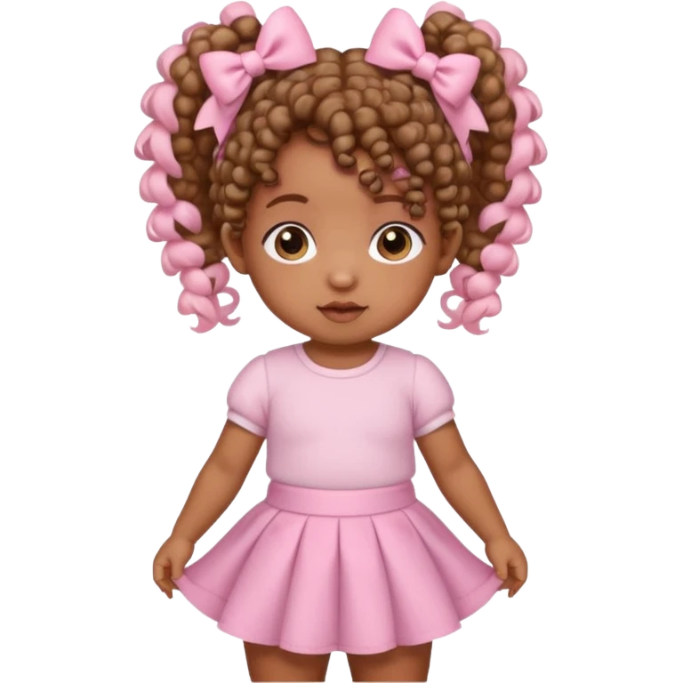 a brown skin baby with curly hair and a baby pink skirt and baby pink bows with her hair in pigtails emoji