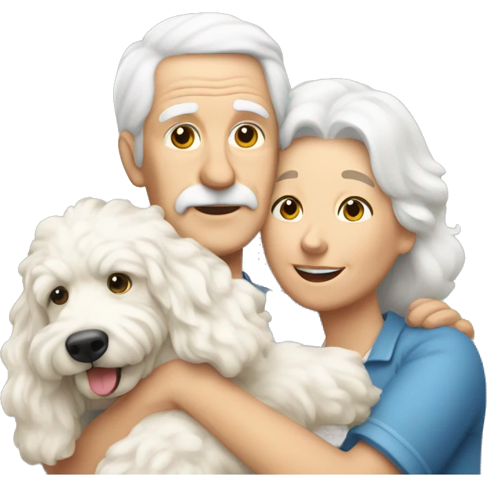 old couple r hugging with a big white goldendoodle emoji