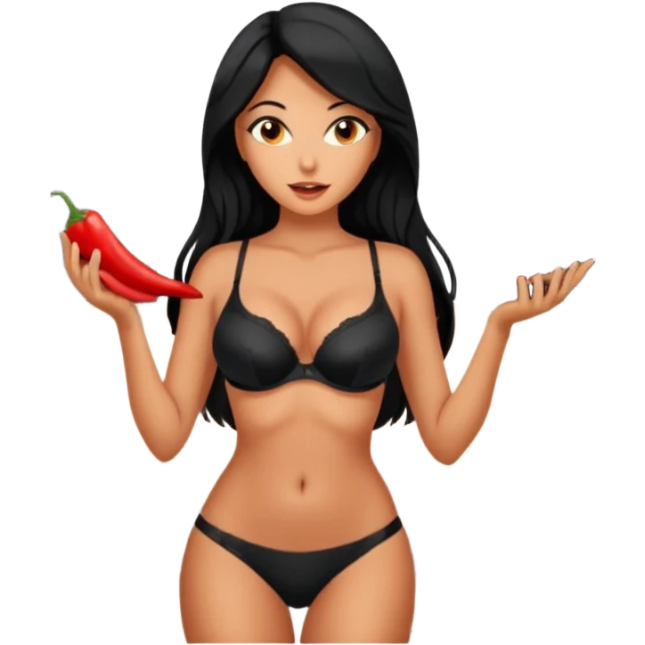 cooking, black long hair tanned woman, black bra and panties, spicy food, in kitchen emoji