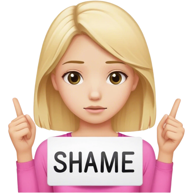 a girl with blonde hair wearing a pink top holding up a sign that says SHAME on it emoji