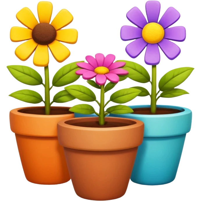 flower pots object icon, colorful plant pots with blooming flowers, ceramic and clay textures, vibrant garden vibe, 3D cartoon style, mobile game icon style, centered composition, clean background, no text, no watermark
 emoji