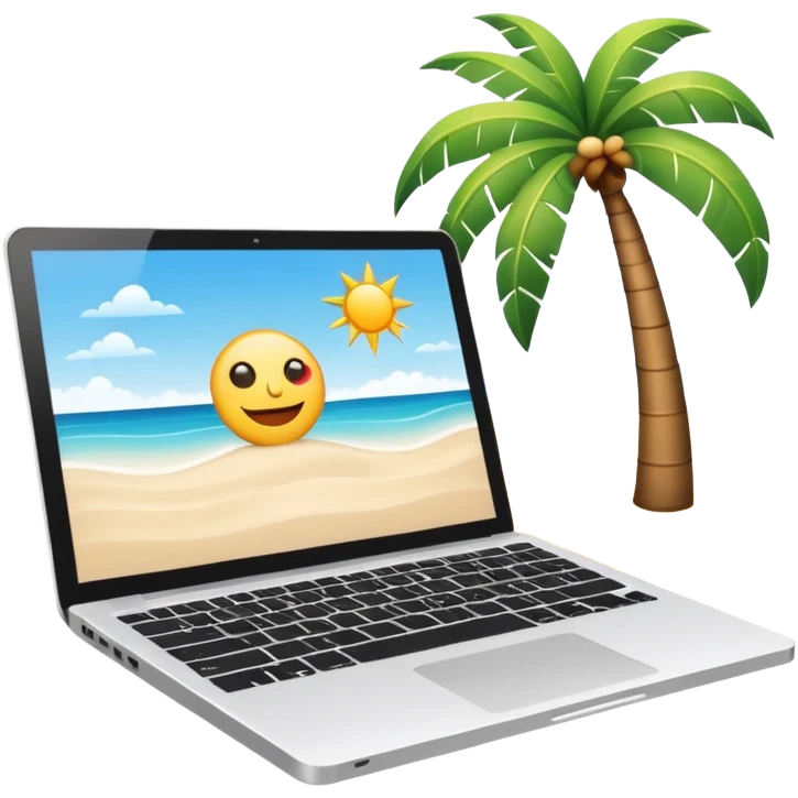 A minimalist emoji-style icon representing workation: An open laptop in the foreground on the beach. Background shows sea, sun, and a palm tree. No people, no text, clean and simple design like an emoji. emoji