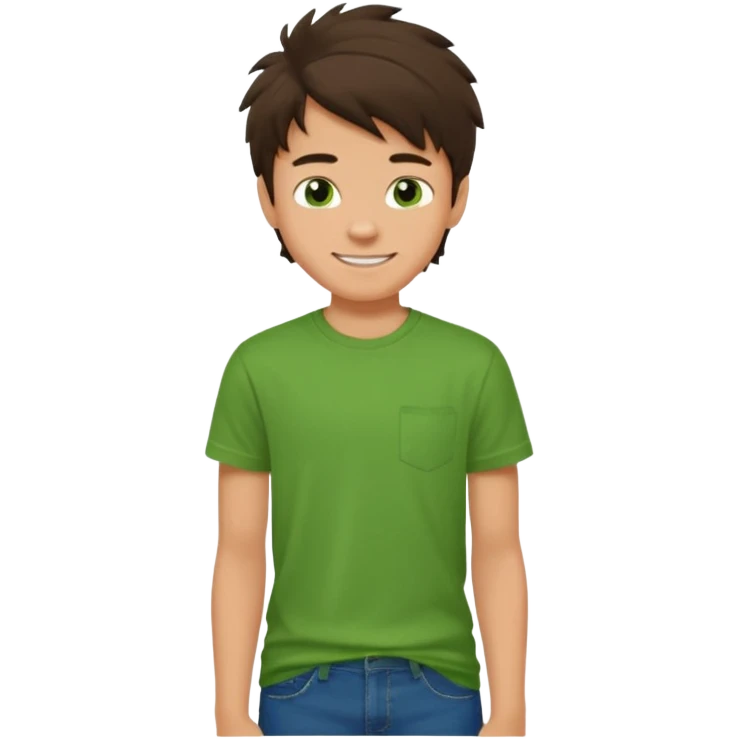 A 14 yerar old teenage boy, slightly tanned, wearing a green t-shirt , blue jeans and green sneakers with dark brown tousled hair, smirking emoji