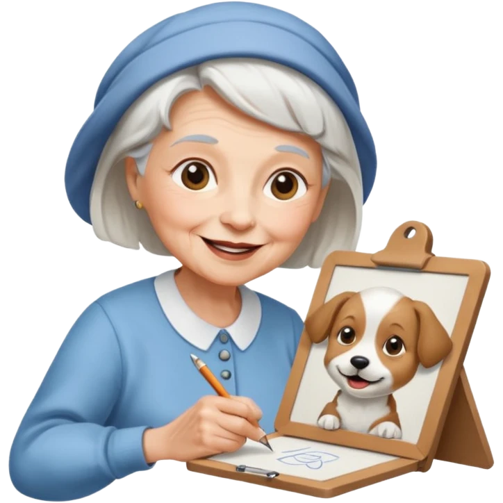 An elderly woman sketching, art board,nice picture, puppy face. emoji