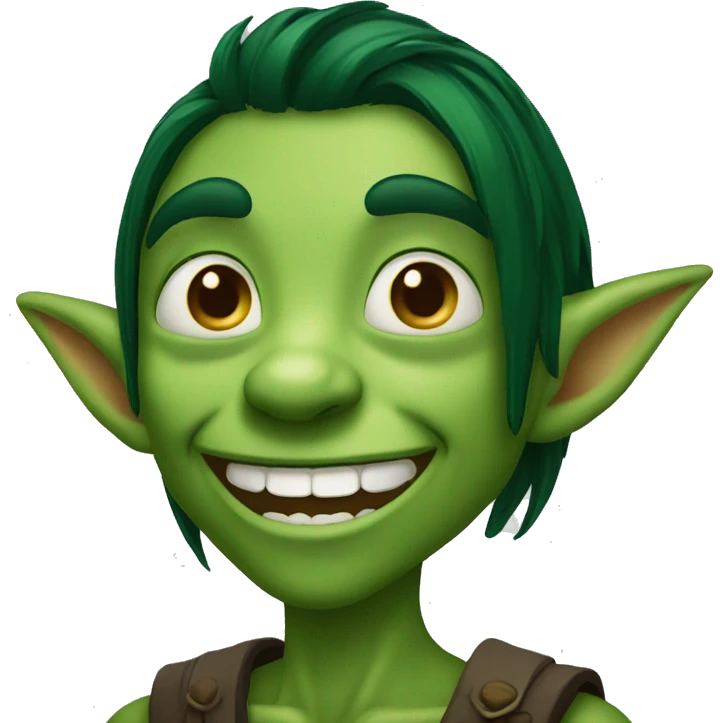 goblin dark long dark green hair big smile emoji