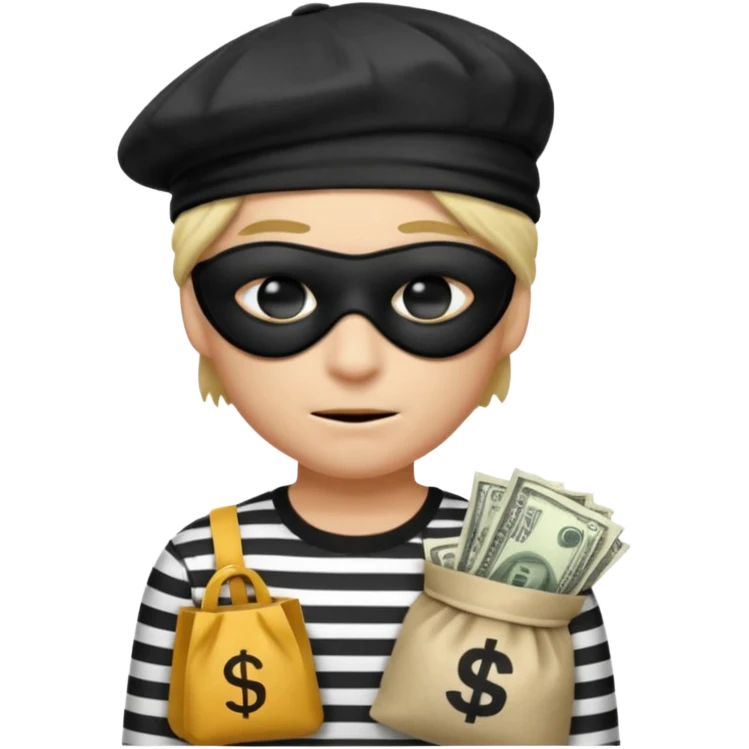 a short ios emoji-style portrait of a classic burglar, a black eye mask (looks like a blindfold) and a black-and-white striped shirt. emoji-like hair, black hat, ONE bag of money 💰 with a dollar sign in a right corner emoji