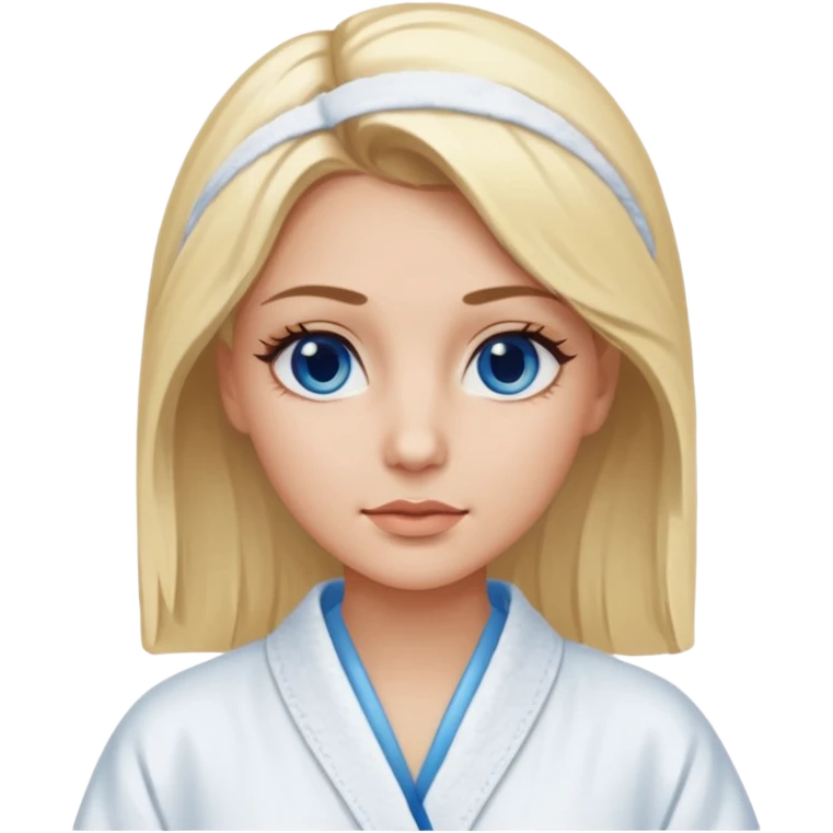 Blonde women, with brown eyes,  wearing a white spa robe with blue gel eye pads under her eyes. emoji