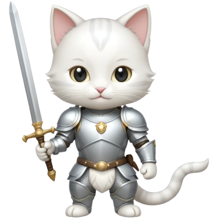 baby chibi white cat in silver armor, full body, smile, hold sword emoji