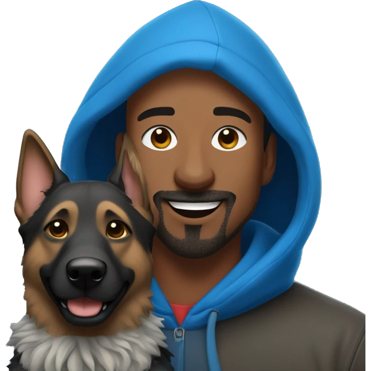 man with dreadlocks, mustache and goatee expressing joy dressed in a blue hoodie alongside a dark brindle colored german shepherd dog emoji