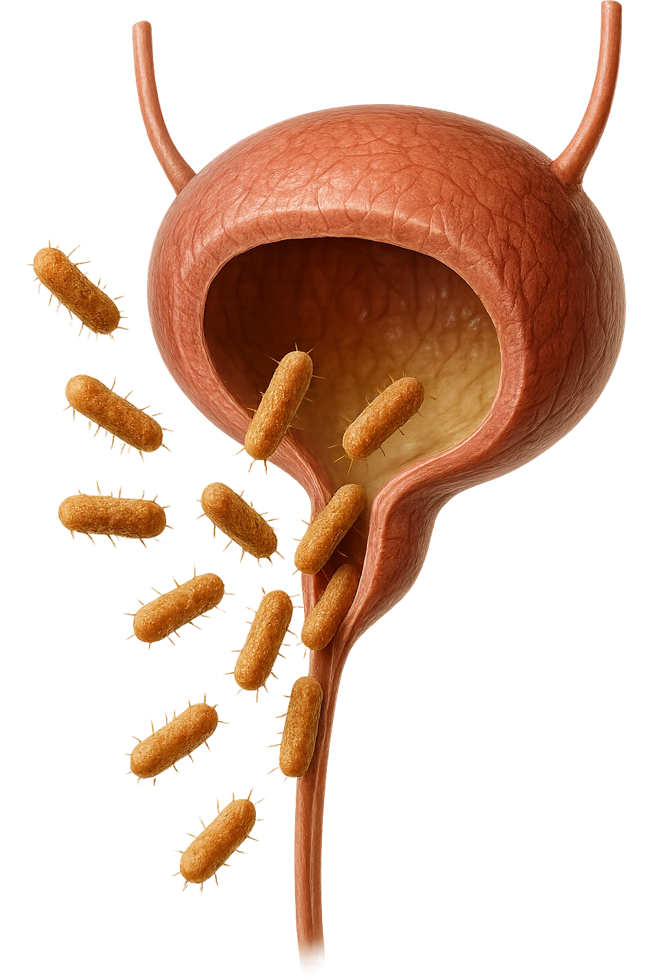 batteri intestinali che migrano ed entrano in una vescica anatomica realistica per infettarla, iperrealistico 4k emoji
