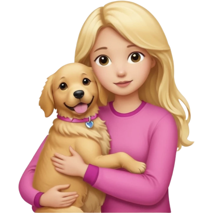 Garota loira usando roupa rosa abraçando um Golden retriever  emoji