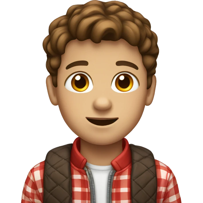 A brown haired kid wearing a red checkered jacket and has braces and also is American emoji