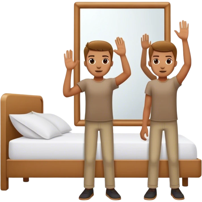 A person stands beside their bed, rolling out groggily with determination. The bed behind them is neatly made, a mirror in front of them shows them high-fiving their reflection. A glowing sunrise outside signals the start of a productive day. emoji