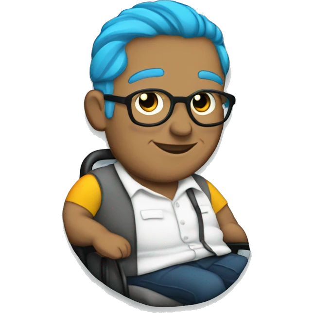 fat gay ugly indian trans barista in a wheel chair. trans flag pin. blue hair  emoji