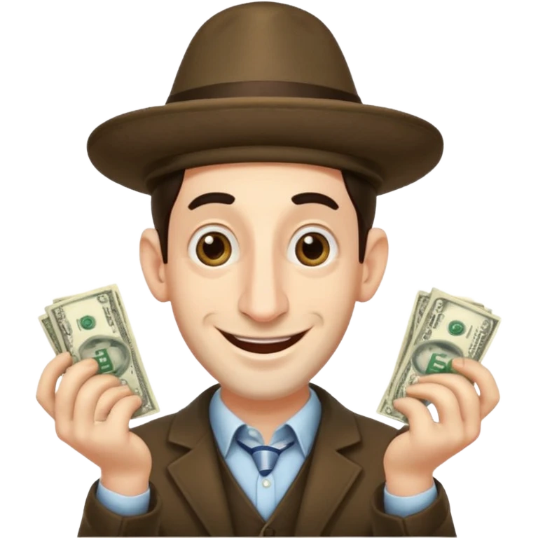 Jewish man with a big nose having his hands clenched together while smiling when he sees money , add the side curls and the funny hat  emoji