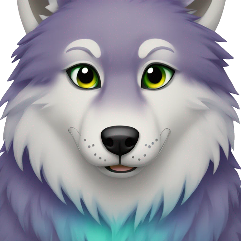 Blue and green and purple fur red eyes wolf happy emoji