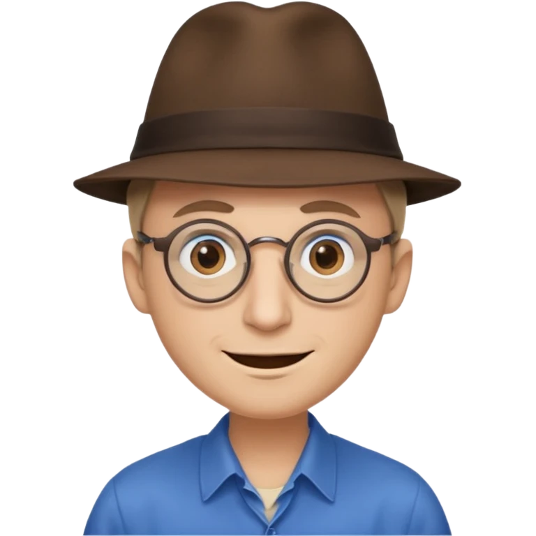 A man with sharp and thin face, brown round glasses, a brown hat and a brown costume with beige shirt (shoulders only), with blue eyes and a large smile on his face and menacing eyes. emoji