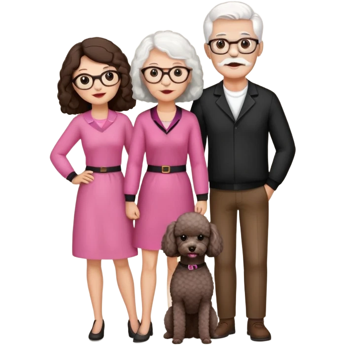 Family of four. The dad has white hair, glasses and a mustache. Mom has brown hair. Kids are in mid twenties a brunette girl wearing pink clothes and a brunette boy wearing black. They have two dogs small poodle mix where one is white and one is light brown emoji