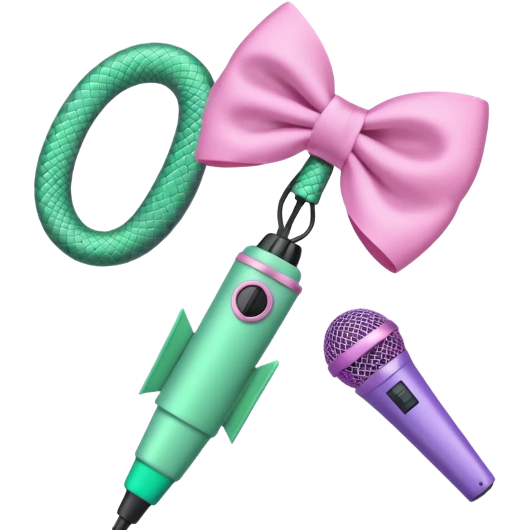 A pastel pink bow with a pastel green snake on the top of one side and a pastel purple microphone on the bottom of the other side emoji