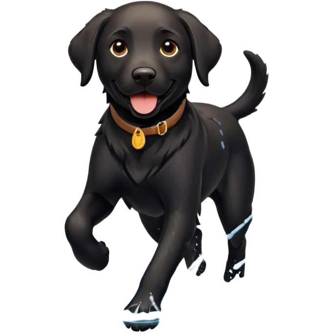 A black Labrador Retriever running through shallow water near a lake, splashing around happily. Natural lighting, motion shot, photorealistic style. emoji