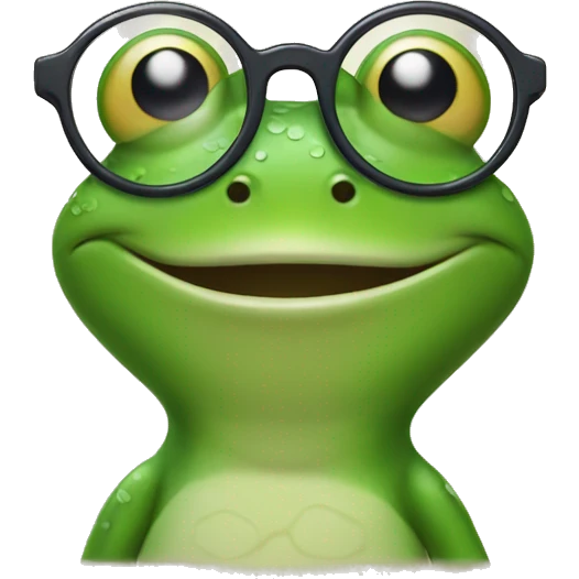 Frog in glasses smiling and leaned on hand on ear emoji