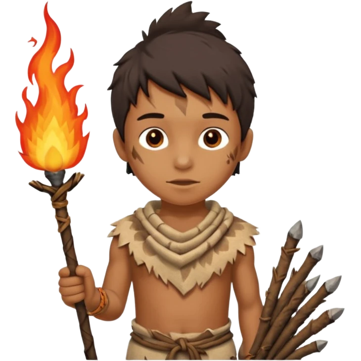 ancient boy, tattered animal skin cloth, hold fire stick emoji