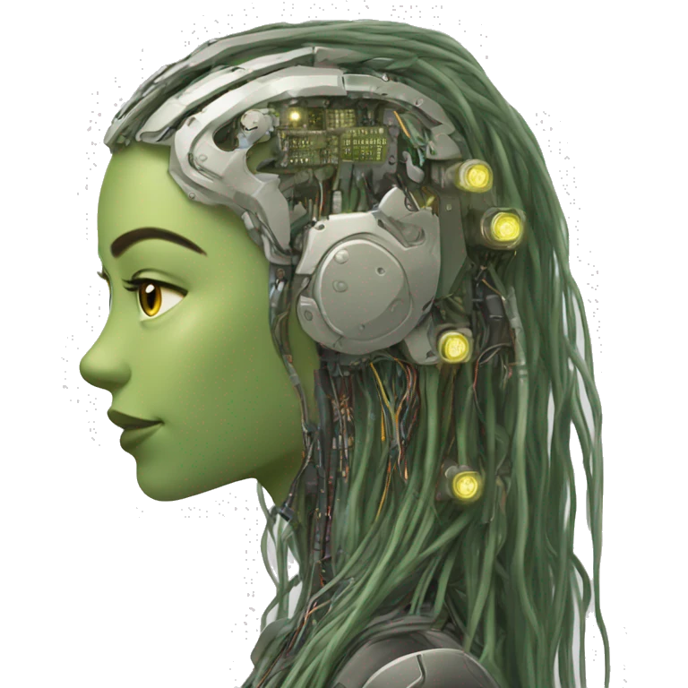 Olive green long hair female cyborg head with circuits emoji