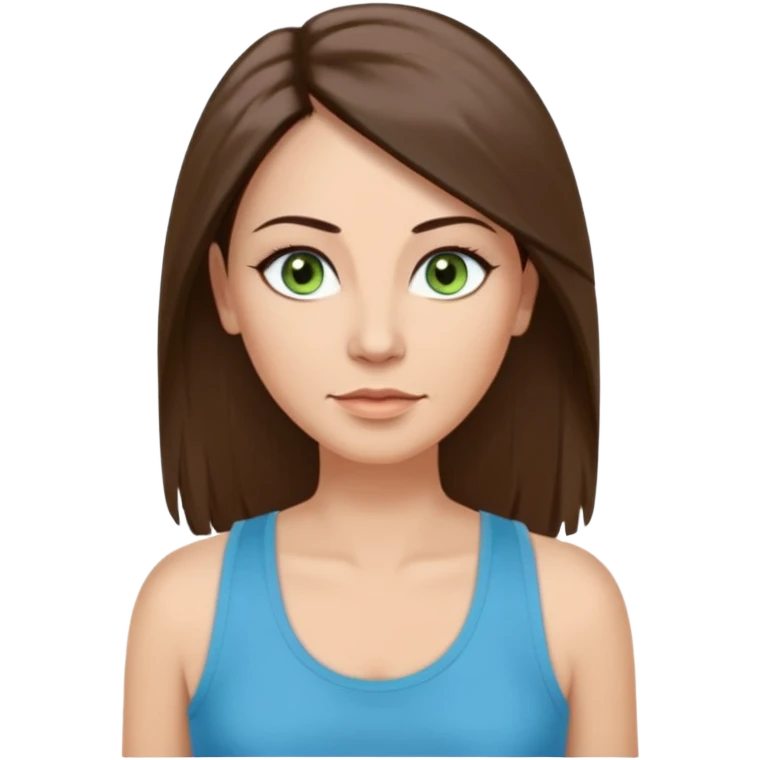 43 year old Adult woman avatar, light skin tone, long, oval face, long straight ashy brown hair, green almond-shaped eyes with dramatic eyelashes and minimal eyeliner, neutral mouth, medium straight eyebrows, small nose, smooth skin, sky blue tank top emoji