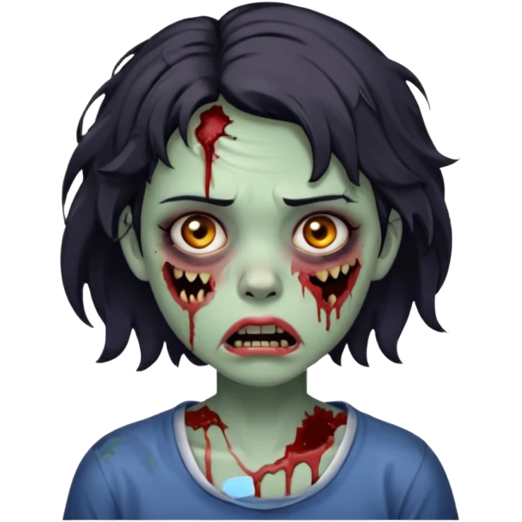 Zombie girl with bruises, she has a dark short wavy hair, she has a tired expression and BLACK eyes, she has dark circles too, her mouth is ripped emoji
