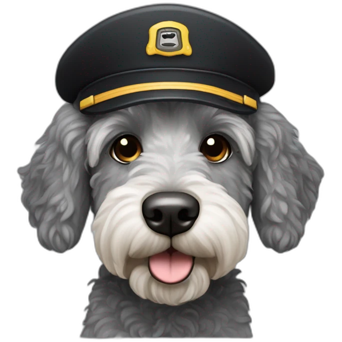 grey and black labradoodle dog's face with pilot cap on emoji