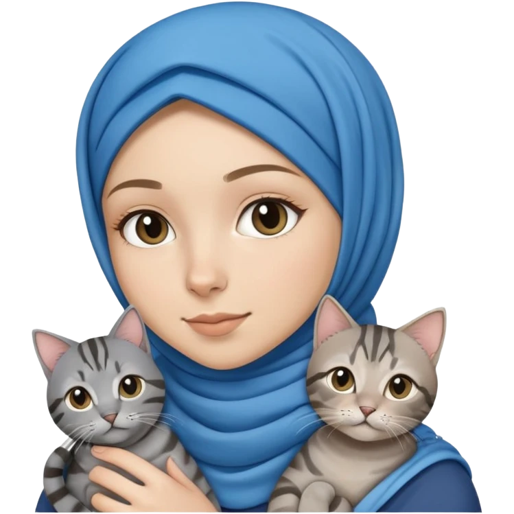 White girl wearing blue hijab holding a black grey tabby cat emoji