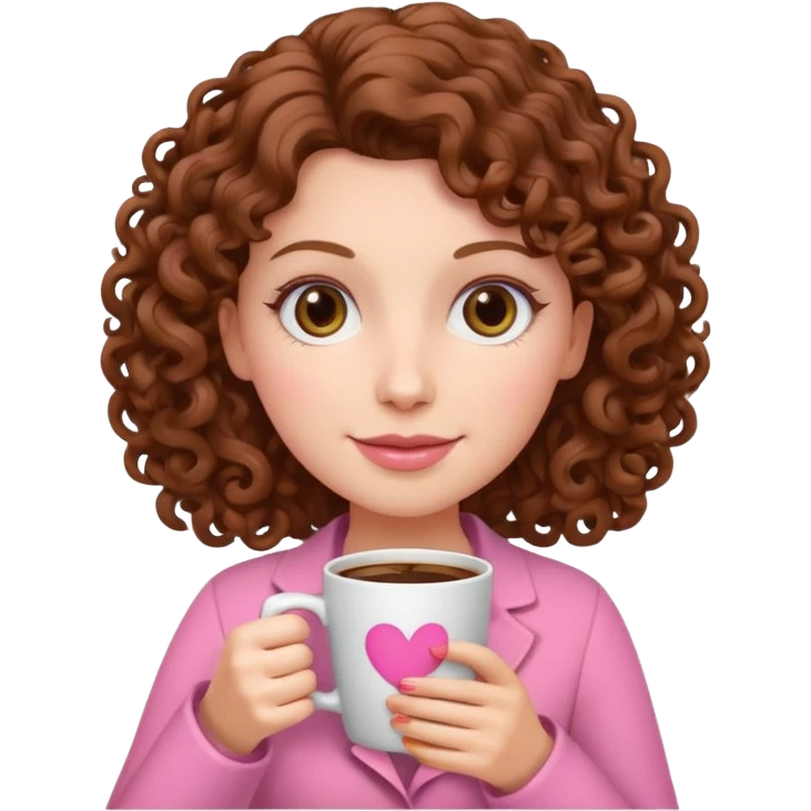 white woman with curly brown hair holding a pink coffee cup emoji emoji