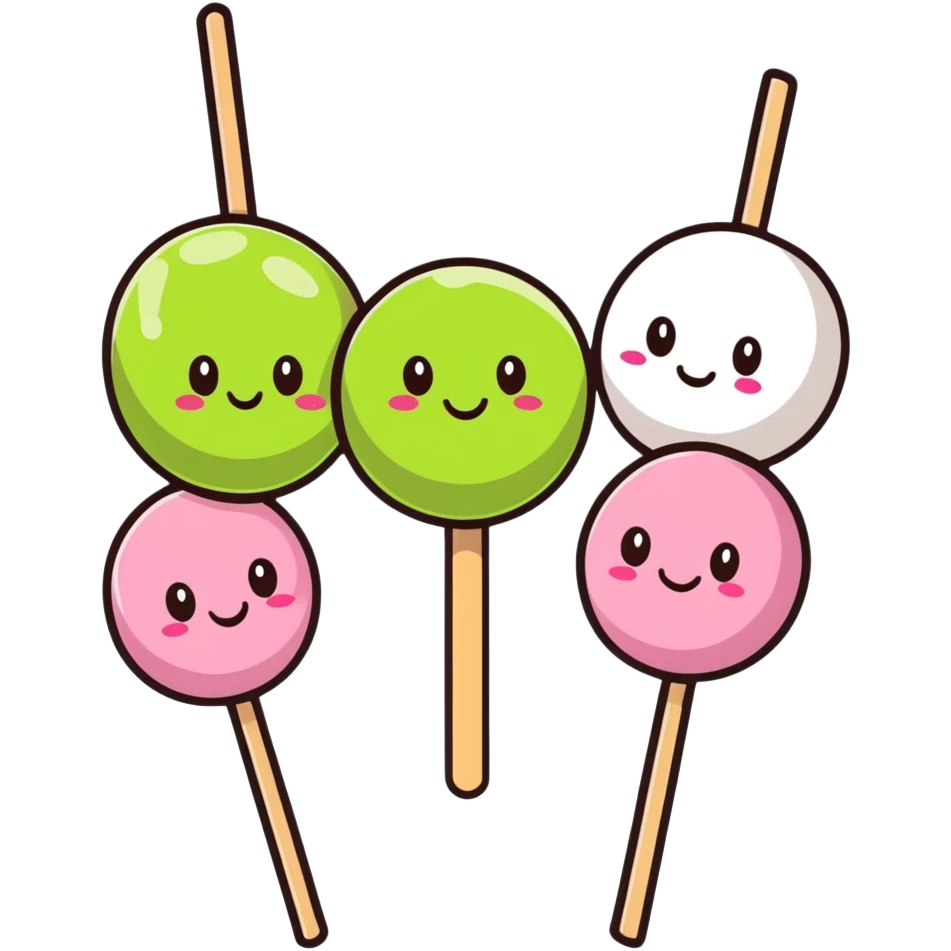 Cute kawaii Japanese dango with happy face, three colorful rice balls on a stick with pink, white, and green colors emoji