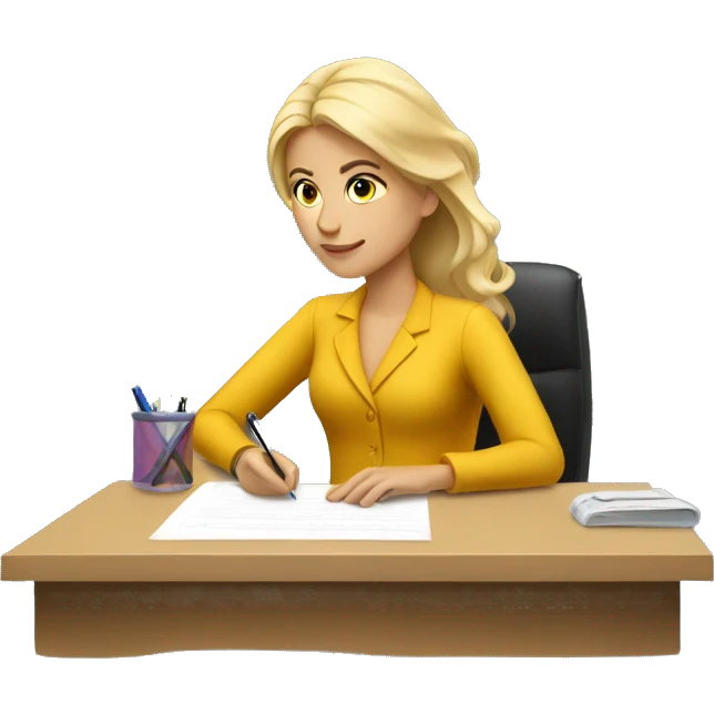 a blonde woman writing on a desk in her office
 emoji