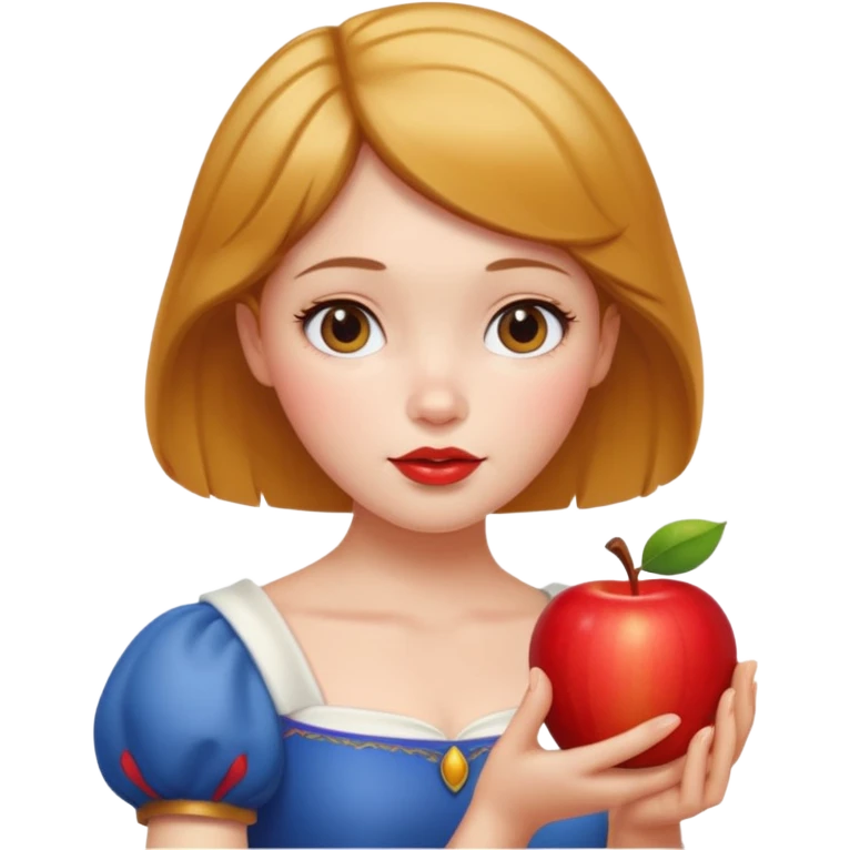 Create an emoji of Snow White holding a red apple, with short golden-brown hair. emoji