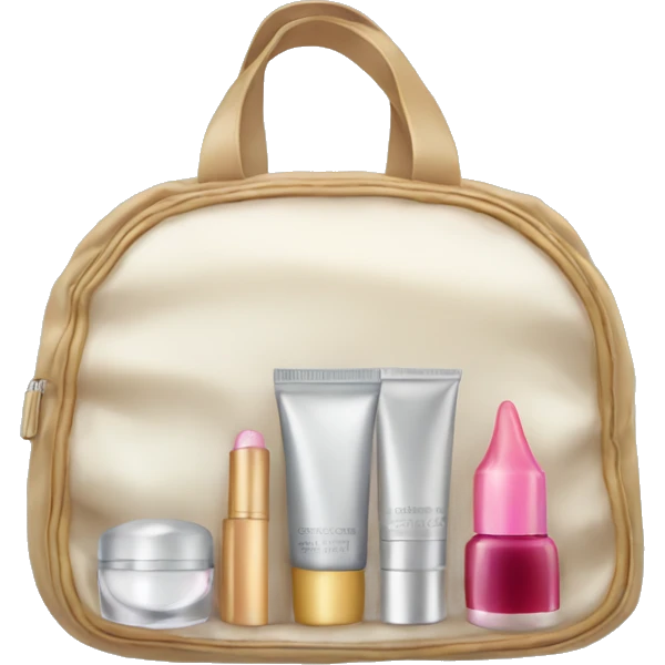 a bag containing cosmetics. some cosmetics peeking out of a cosmetic bag emoji