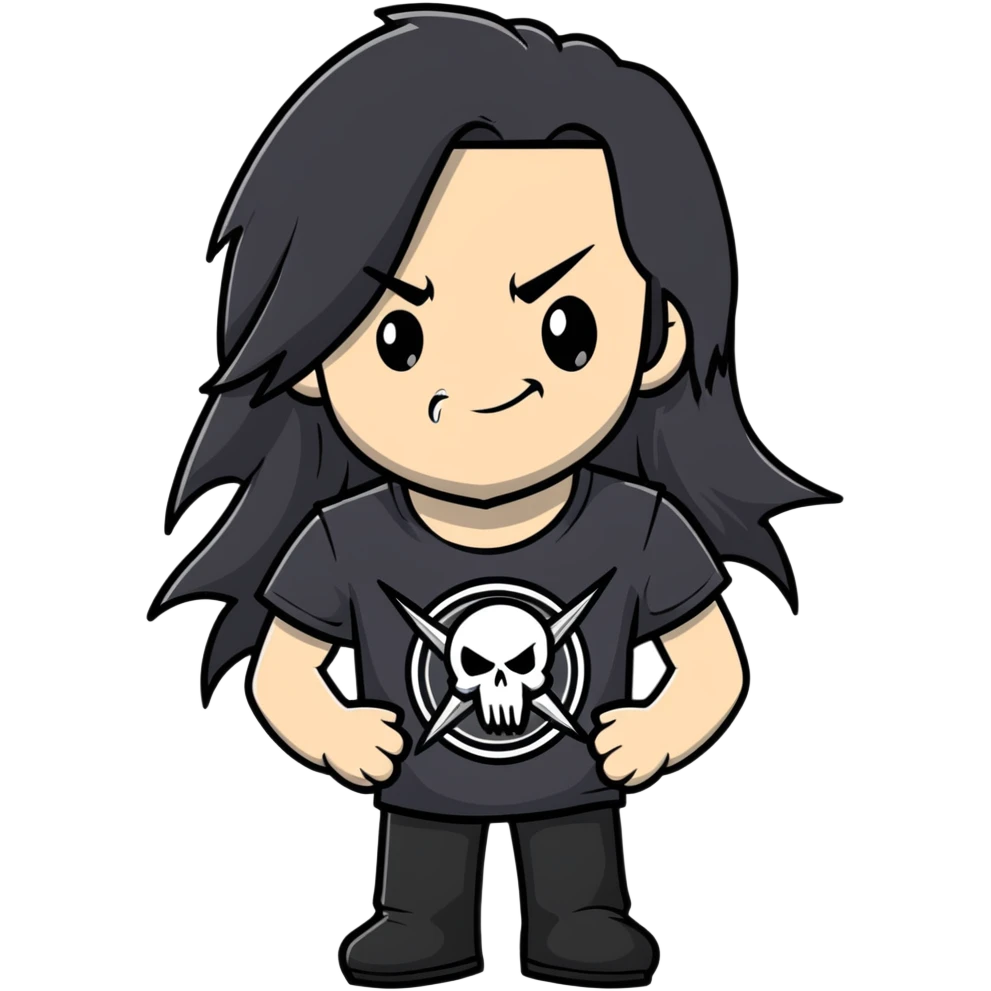A metalhead with long flowing black hair, wearing a black heavy metal t-shirt, smirking confidently emoji