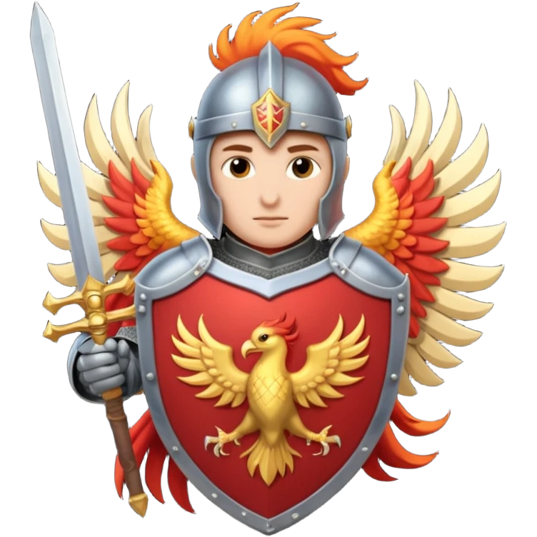 Knight with shield and sword.  Shield has a phoenix on it emoji