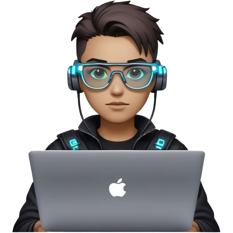 An emoji of a person with a laptop, but wearing cyberpunk glasses and with a slight neon glow emoji
