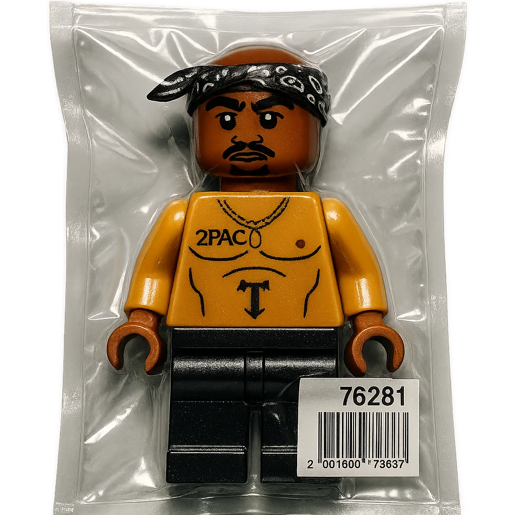 Lego minifigure of 2Pac, with signature bandana and West Coast style, glossy emoji