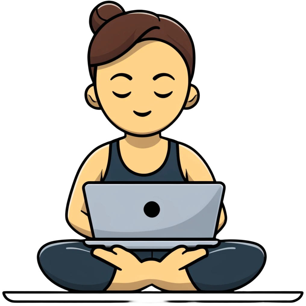 cartoon sticker of a yoga teacher meditating with a laptop beside her emoji